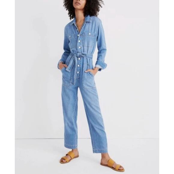 Madewell Denim Tie Waist Jumpsuit Womens Medium Blue Coverall Preppy Hipster - Picture 2 of 16